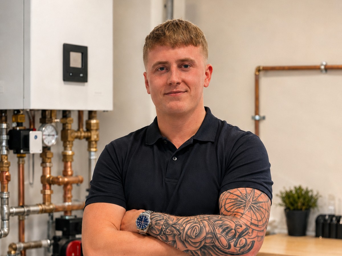 Jesper Storgaard, ejer af Storgaard VVS & Entreprise, foran et varmeanlæg